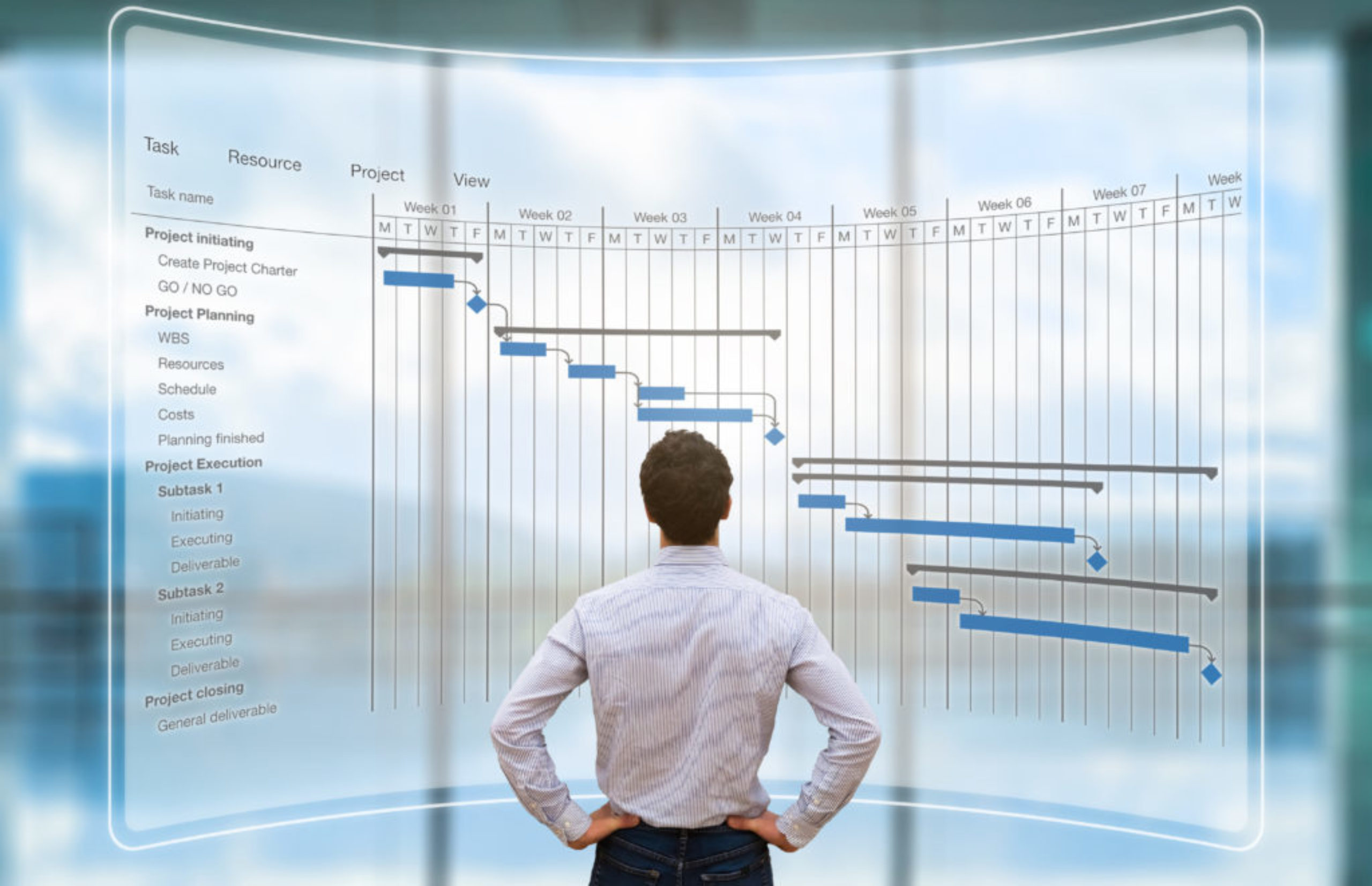 Project manager looking at AR screen, Gantt chart schedule, planning