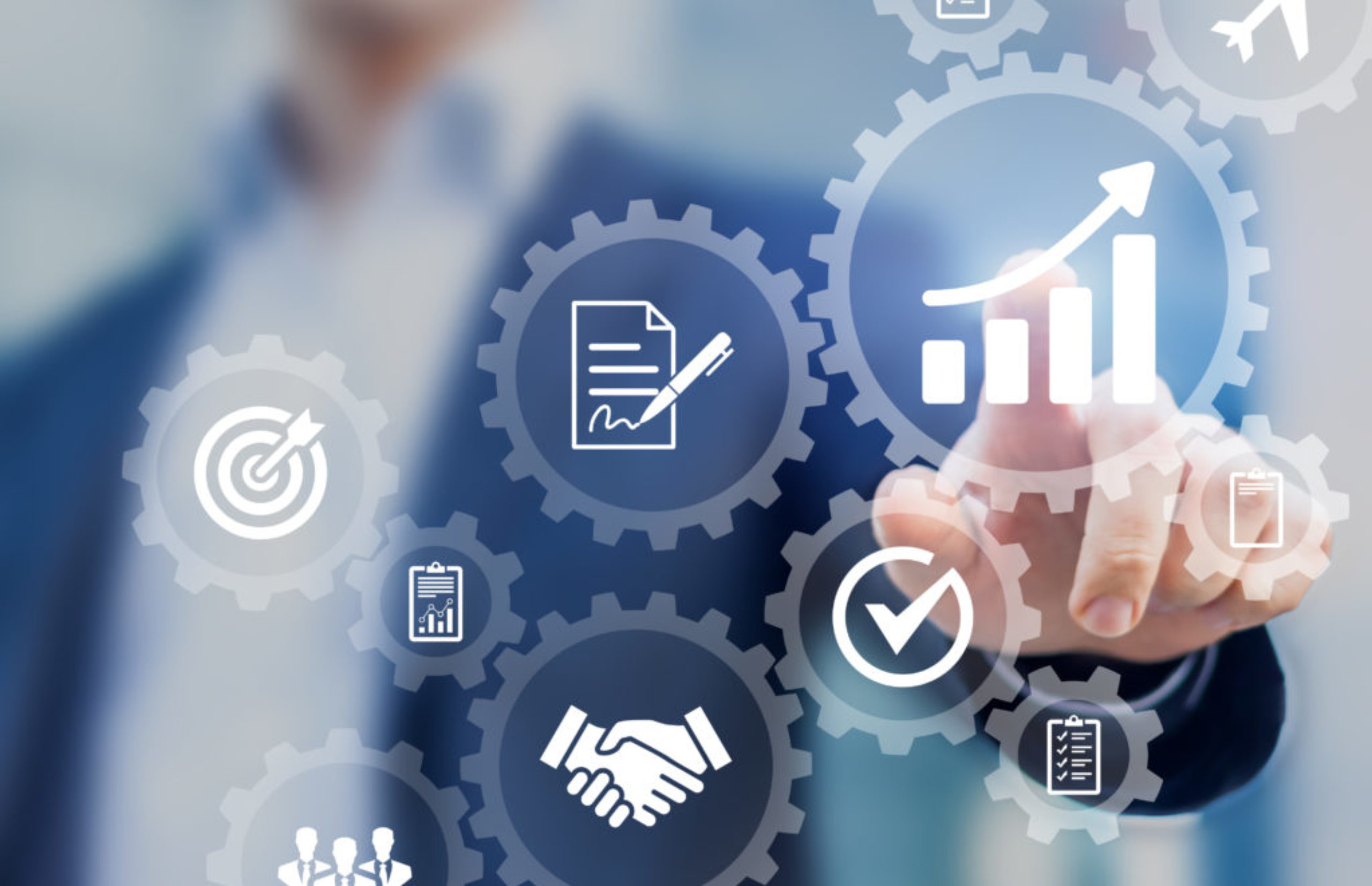 Business process management and automation concept, automated workflow, gears, businessman