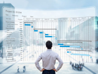 Project manager working with Gantt chart planning schedule, tracking milestones and deliverables and updating tasks progress, scheduling and management skills, program strategy