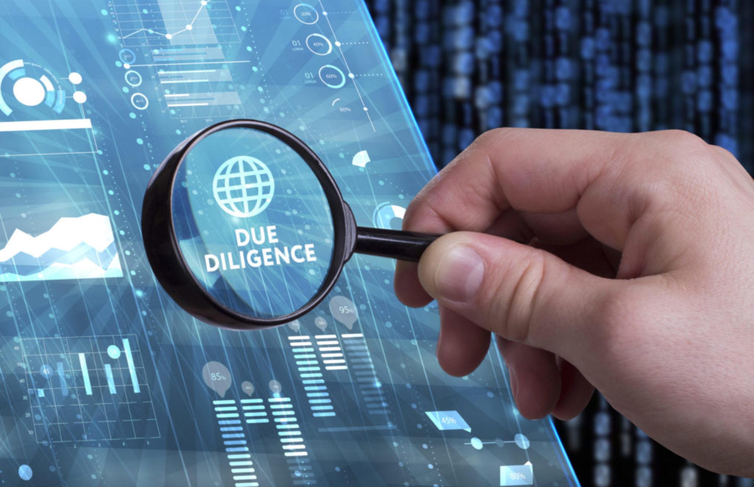 Business, Technology, Internet and network concept. Young businessman working on a virtual screen of the future and sees the inscription: Due diligence