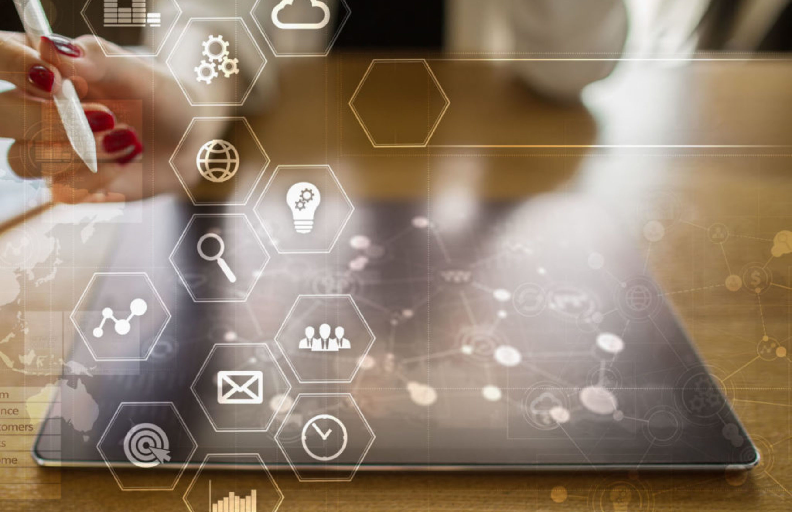 Business and technology concept. Graphs and icons on virtual screen.