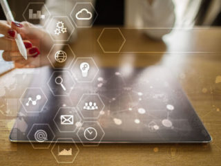 Business and technology concept. Graphs and icons on virtual screen.