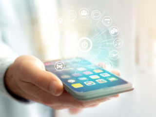 Home button of a technology interface surrounded by application - technology app concept